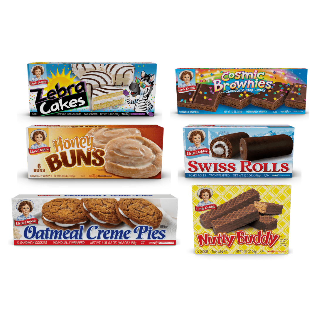 The Little Debbie Bundle Pack features one box each of Nutty Buddy, Oatmeal Creme Pies, Swiss Rolls, Zebra Cakes, Cosmic Brownies, and Honey Buns. That's six boxes of Little Debbie favorites per order.