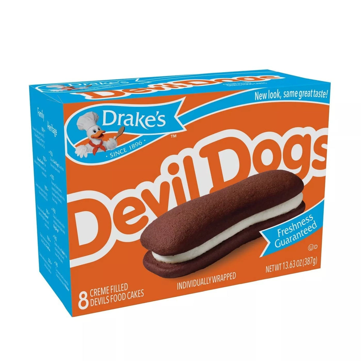 Right side view of one box of Drake's Devil Dogs