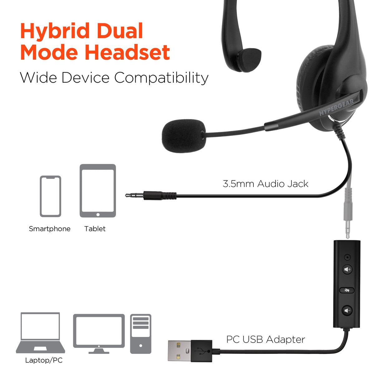 HyperGear V100 Wired Office Headset with USB Adapter and 6 Ft Cord