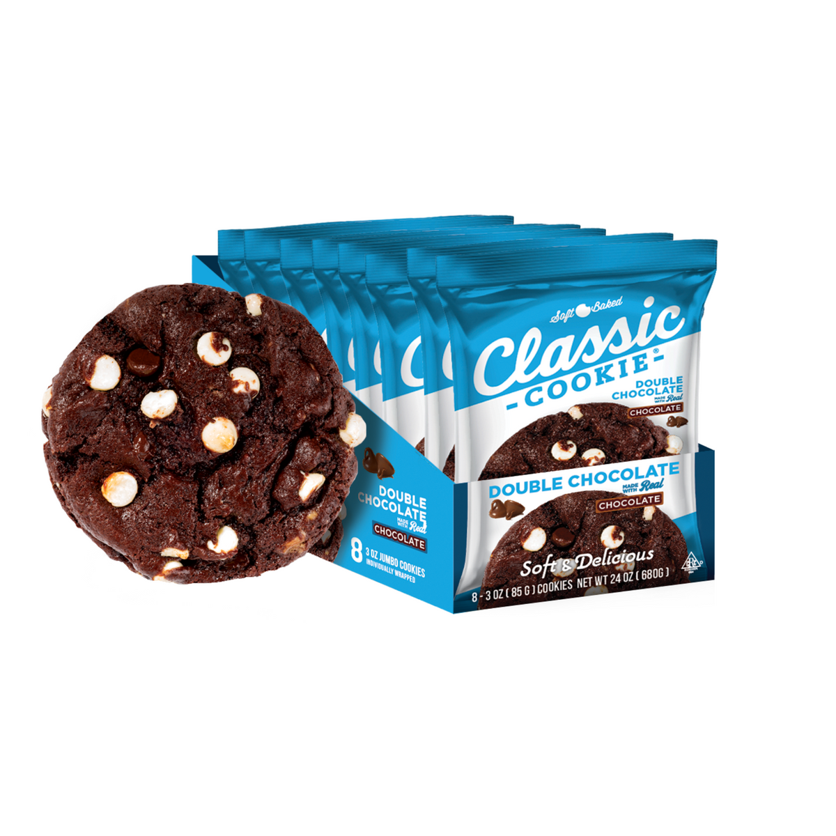 Classic Cookie Soft Baked Double Chocolate Cookies made with White Chips, 2 Boxes, 16 Individually Wrapped Cookies (Single)
