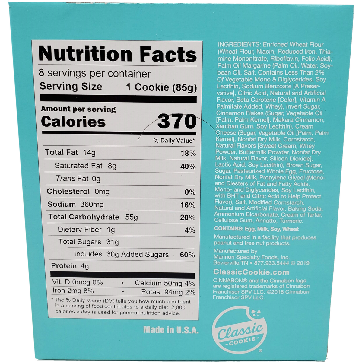 Classic Cookie Soft Baked Cookies made with Cinnamon and Cream Cheese Chips, 2 Boxes, 16 Individually Wrapped Cookies Nutritional Information