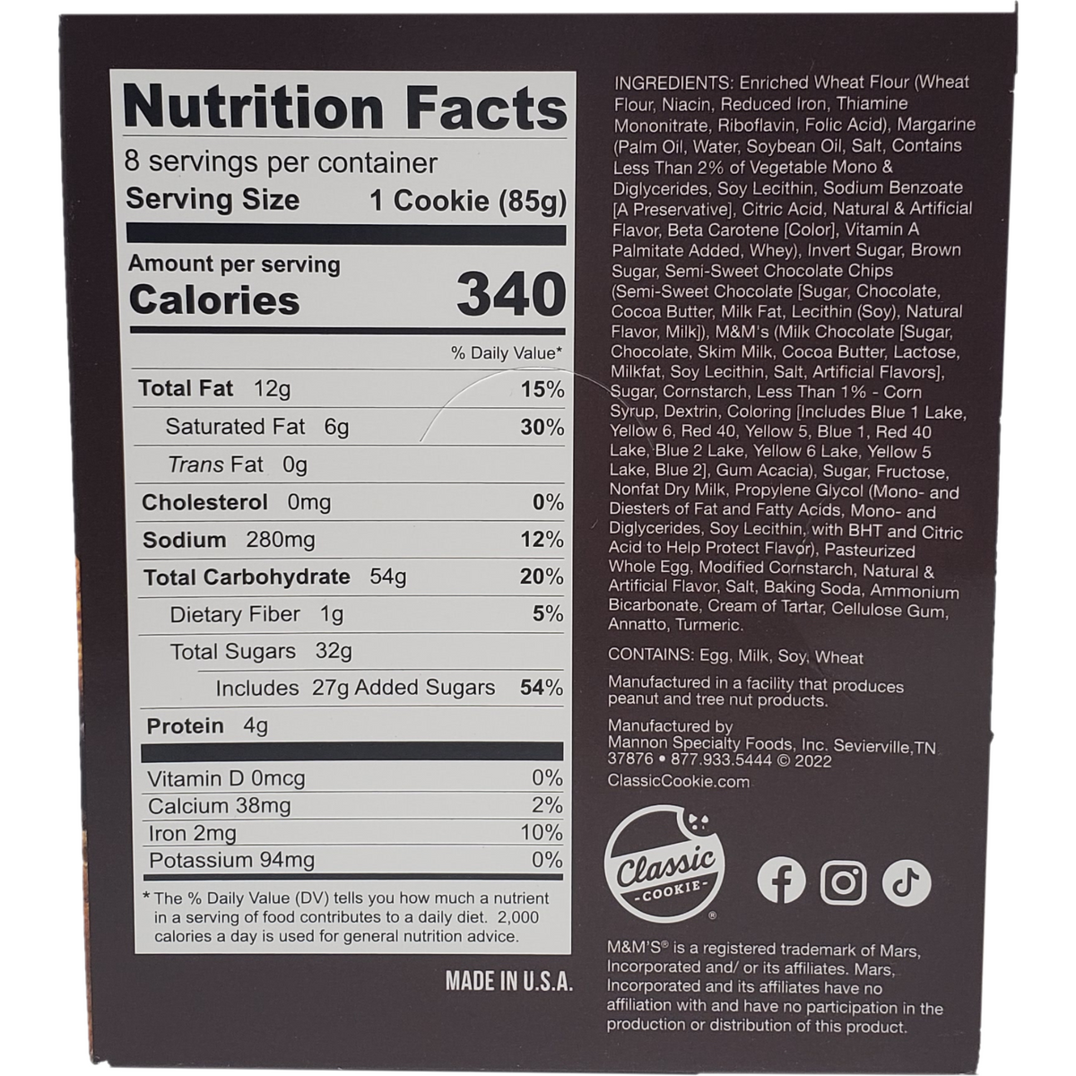 Classic Cookie Soft Baked Chocolate Chip Cookies made with Chocolate Candies Nutrition Facts