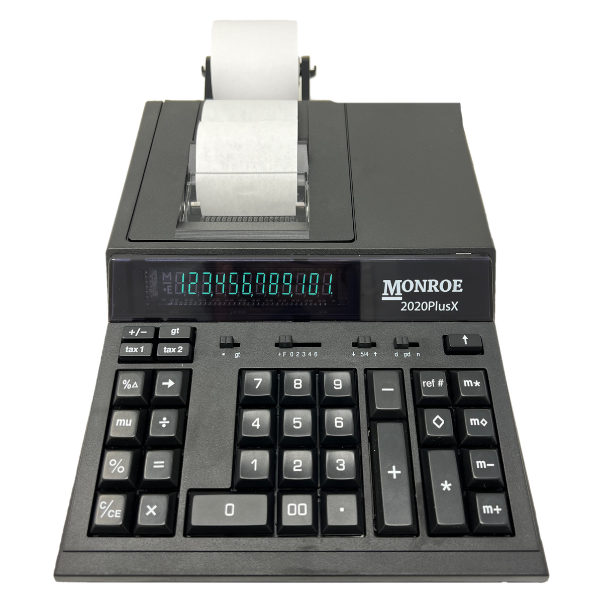Monroe 2020PlusX Bundle - Includes (1) 2020PlusX Medium-Duty Printing Calculator with a Foam Elevation Wedge, (6) M33X Ribbon Cartridges, and (12) Premium Paper Rolls (Black Calculator Only)
