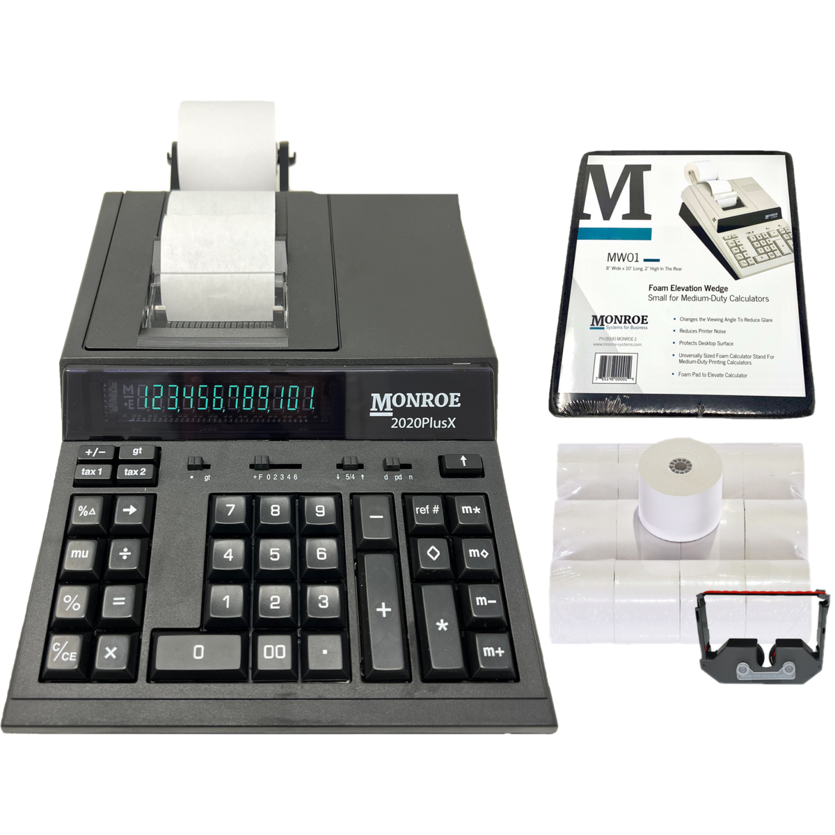 Monroe 2020PlusX Bundle - Includes (1) 2020PlusX Medium-Duty Printing Calculator with a Foam Elevation Wedge, (6) M33X Ribbon Cartridges, and (12) Premium Paper Rolls (Black Bundle)