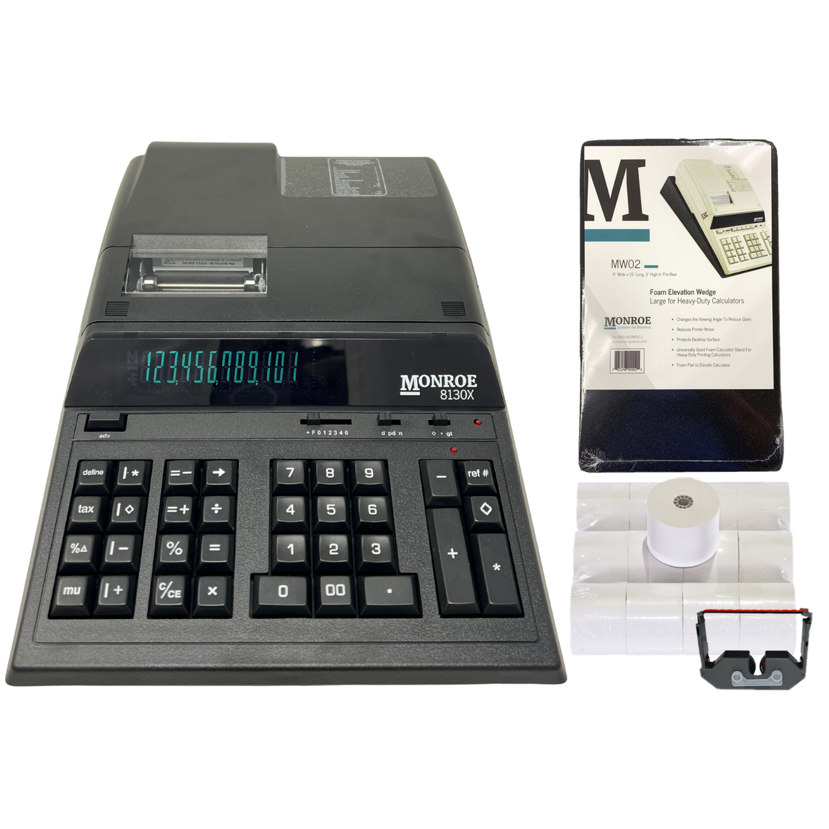 Monroe 8130X Bundle - Includes (1) 8130X Heavy-Duty Printing Calculator with a Foam Elevation Wedge, (6) M33X Ribbon Cartridges, and (12) Premium Paper Rolls (Black Bundle)
