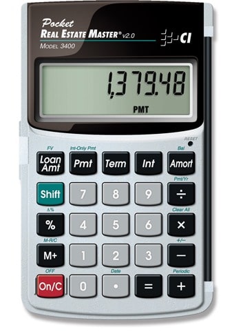 Front face of Calculated Industries Pocket Real Estate Master calculator