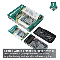 Comes with a protective cover with a quick reference guide printed on the inside, long-life battery and a pocket reference guide