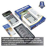 Comes with a protective slide cover with a quick reference guide printed on the inside, pocket reference guide in English and Spanish and a long-life battery