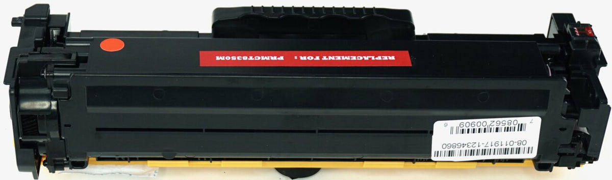 This is the back view of the Canon 118 magenta replacement laserjet toner cartridge by NXT Premium toner