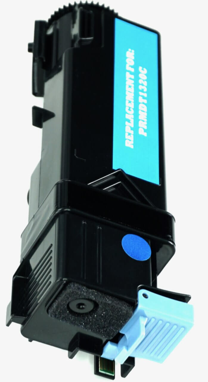 This is the right side view of the Dell KU051 cyan replacement laserjet toner cartridge by NXT Premium toner
