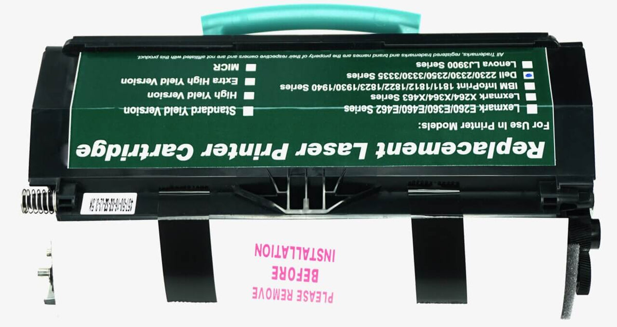 This is the back view of the Dell M797K black replacement laserjet toner cartridge by NXT Premium toner