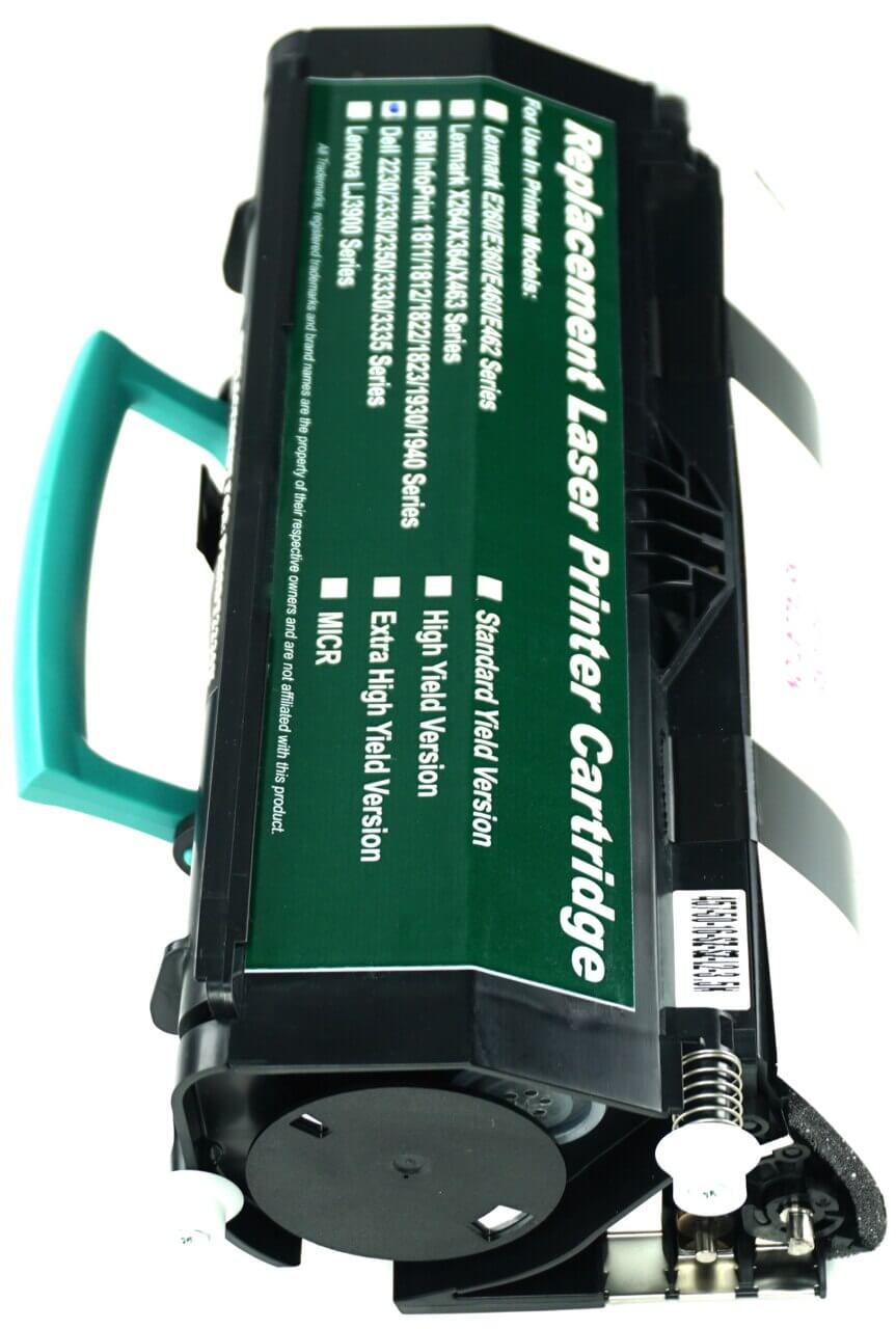 This is the left side view of the Dell M797K black replacement laserjet toner cartridge by NXT Premium toner