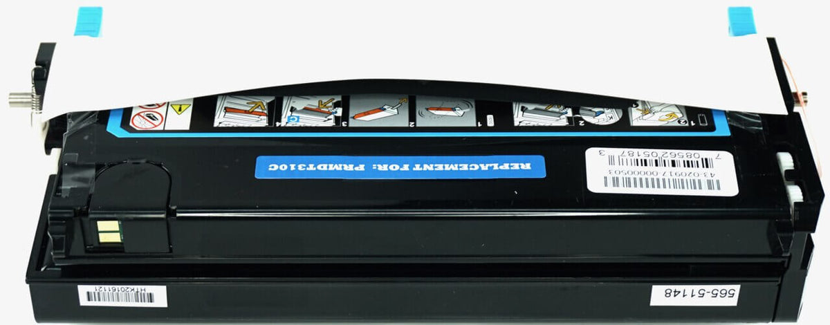 This is the back view of the Dell PF029 cyan replacement laserjet toner cartridge by NXT Premium toner