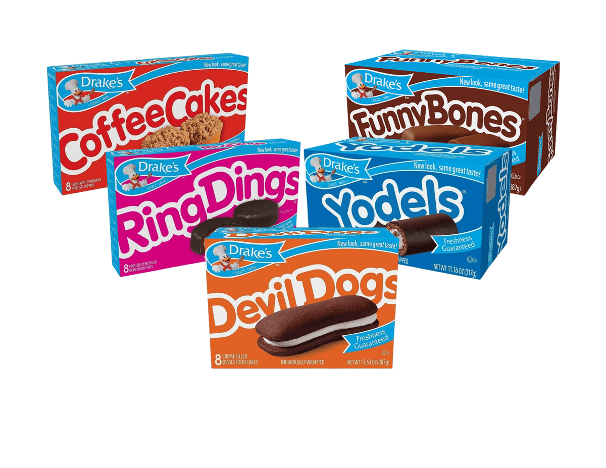 Drake's Sampler Bundle features 1 box each of Devil Dogs, Ring Dings, Yodels Funny Bones, amd Coffee Cakes. That's a total of 5 boxes of 44 individual snacks!