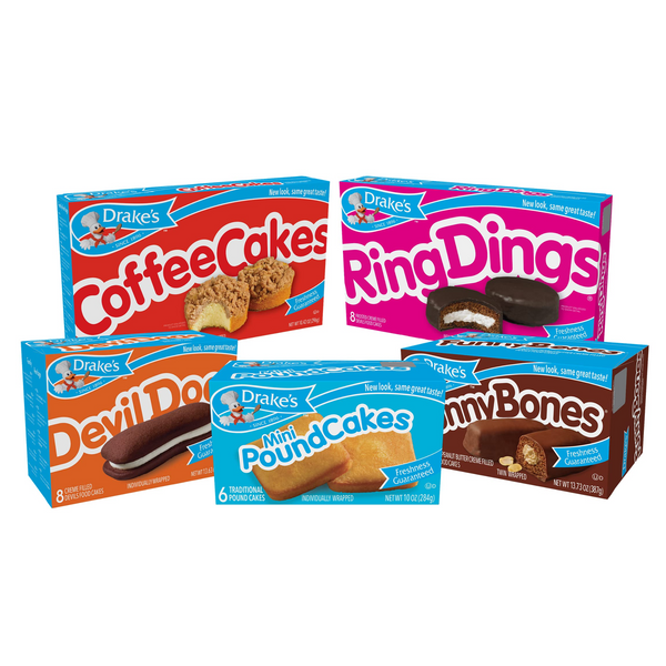 Drake's Variety Pack - Coffee Cakes, Devil Dogs, Pound Cakes, Ring Dings, Funny Bones - 1 Box Each