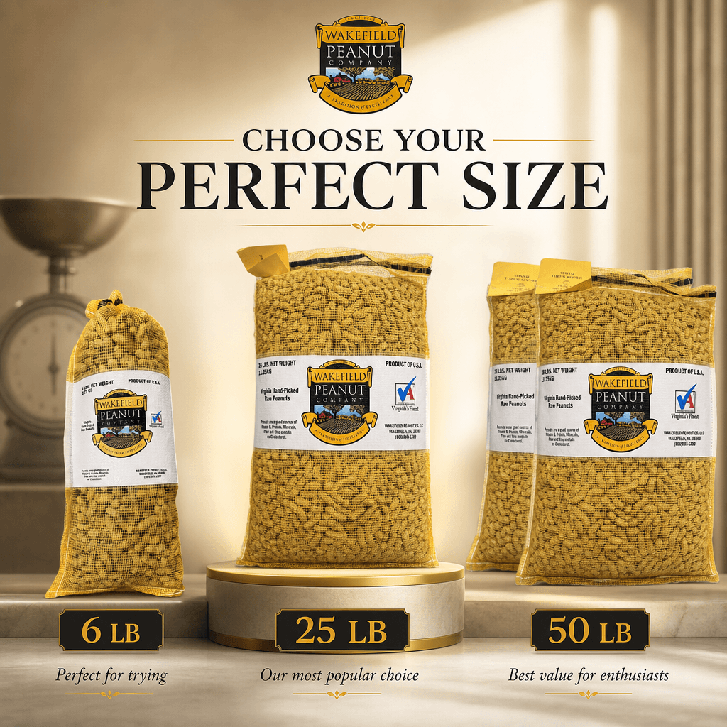 Wakefield Virginia Peanuts size comparison showing 6 lb, 25 lb, and 50 lb bags of in-shell peanuts