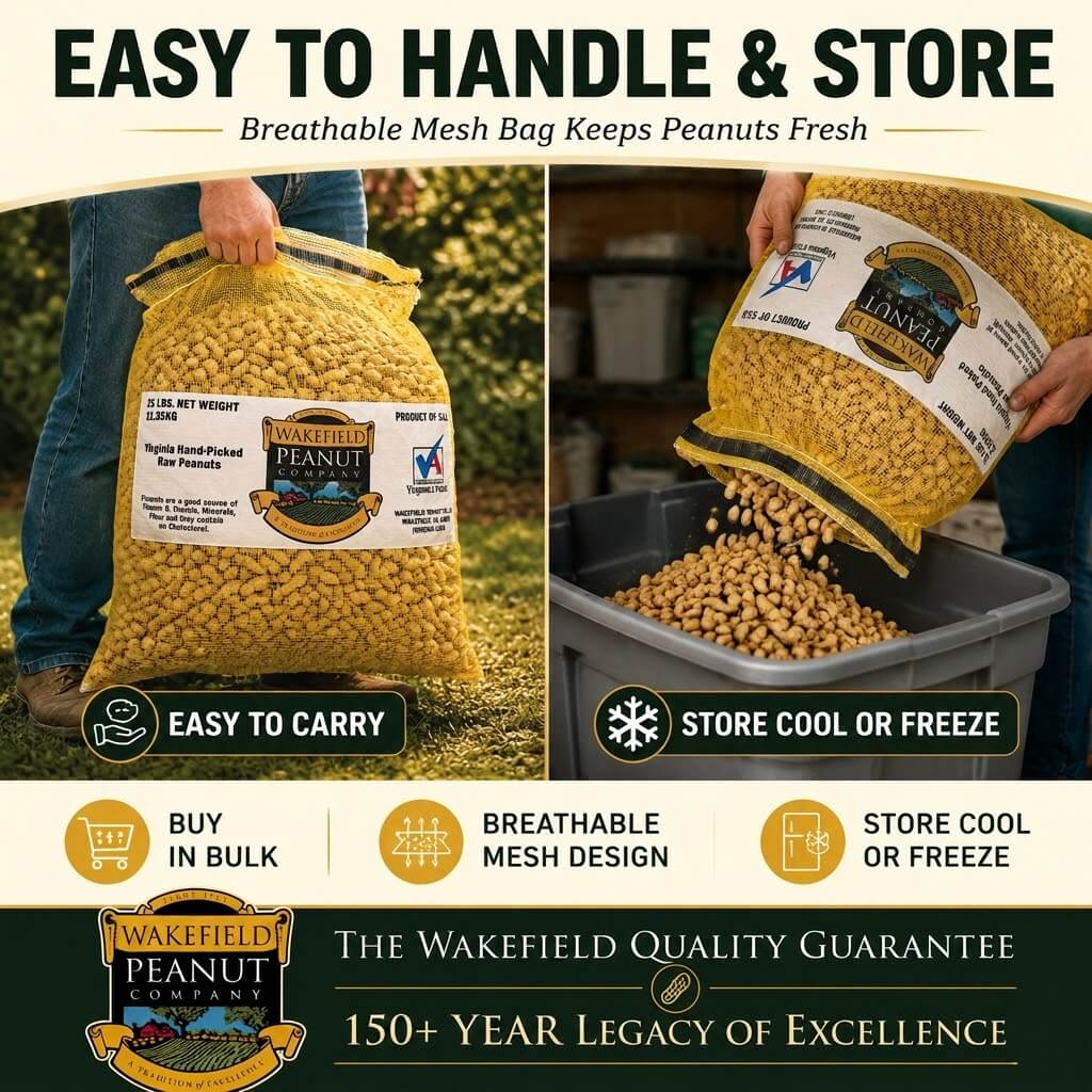 Wakefield Virginia Peanuts 25 lb animal peanuts with easy carry, storage, and cool dry storage instructions