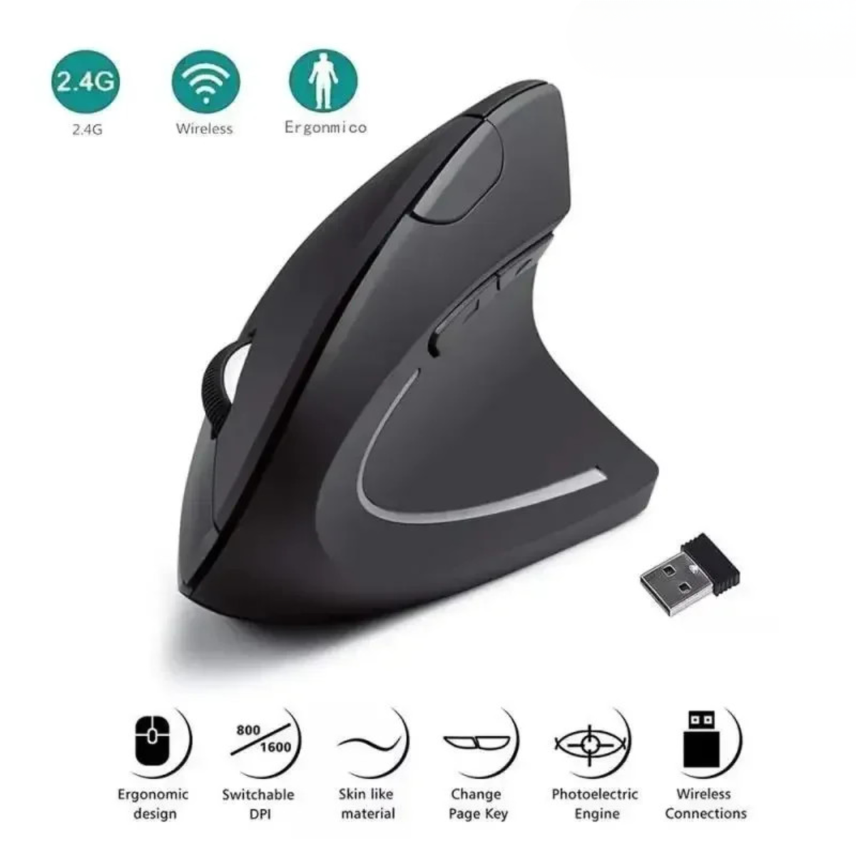 Ergonomic Vertical Wireless Mouse with Adjustable DPI