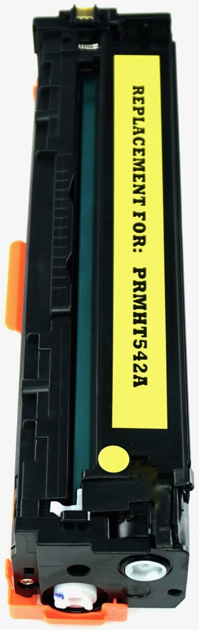 This is the left side view of the Hewlett Packard 125A yellow replacement laserjet toner cartridge by NXT Premium toner