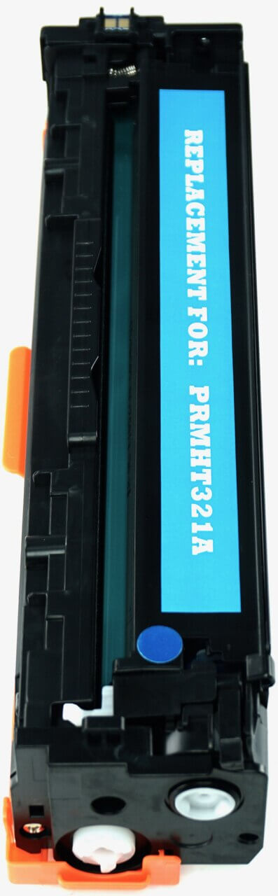 This is the left side view of the Hewlett Packard 128A cyan replacement laserjet toner cartridge by NXT Premium toner