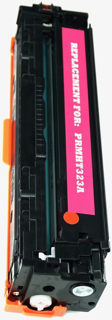 This is the left side view of the Hewlett Packard 128A magenta replacement laserjet toner cartridge by NXT Premium toner