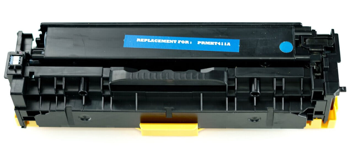 This is the front view of the Hewlett Packard 305A Cyan replacement laserjet toner cartridge by NXT Premium toner