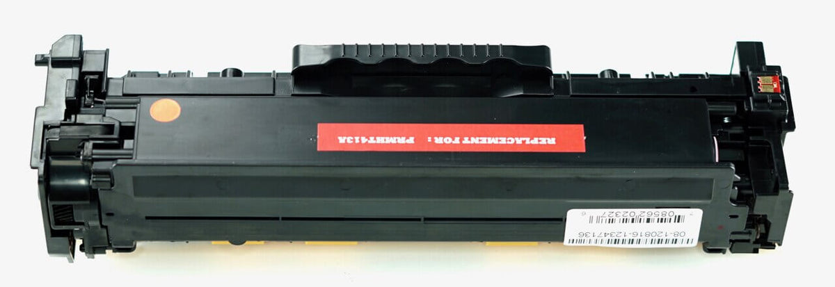 This is the back view of the Hewlett Packard 305A Magenta replacement laserjet toner cartridge by NXT Premium toner
