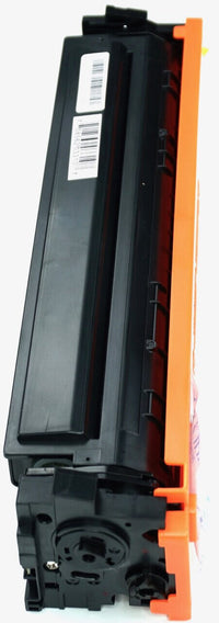 This is the left side view of the Hewlett Packard 410A yellow replacement laserjet toner cartridge by NXT Premium toner