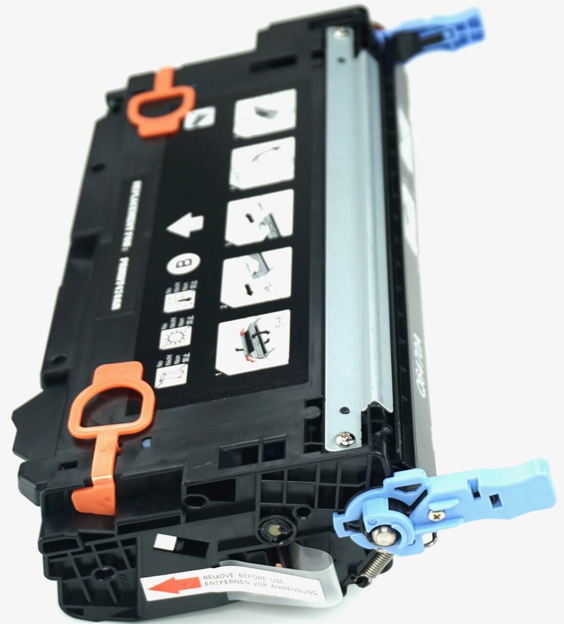 This is the left side view of the Hewlett Packard 501A black replacement laserjet toner cartridge by NXT Premium toner
