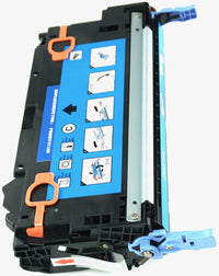 This is the right side view of the Hewlett Packard 502A cyan replacement laserjet toner cartridge by NXT Premium toner