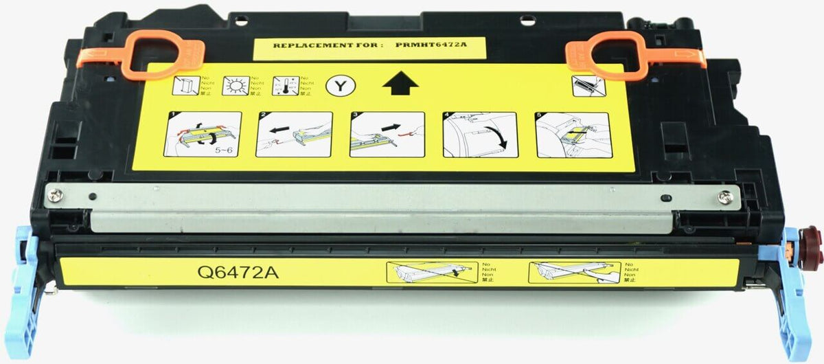 This is the front view of the Hewlett Packard 502A yellow replacement laserjet toner cartridge by NXT Premium toner