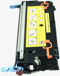 This is the left side view of the Hewlett Packard 502A yellow replacement laserjet toner cartridge by NXT Premium toner