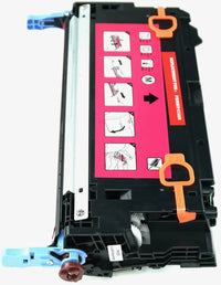 This is the left side view of the Hewlett Packard 502A magenta replacement laserjet toner cartridge by NXT Premium toner