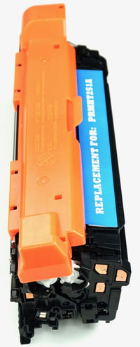 This is the left side view of the Hewlett Packard 504A cyan replacement laserjet toner cartridge by NXT Premium toner