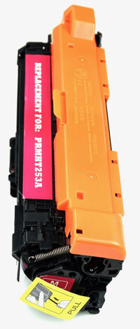 This is the right side view of the Hewlett Packard 504A magenta replacement laserjet toner cartridge by NXT Premium toner