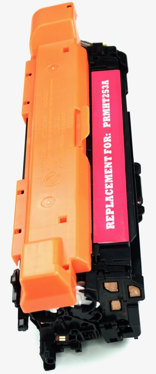 This is the left side view of the Hewlett Packard 504A magenta replacement laserjet toner cartridge by NXT Premium toner