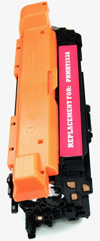 This is the left side view of the Hewlett Packard 504A magenta replacement laserjet toner cartridge by NXT Premium toner