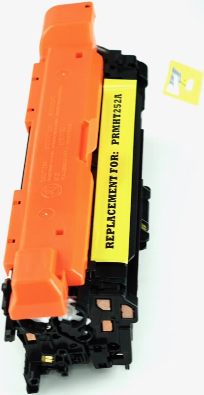 This is the left side view of the Hewlett Packard 504A yellow replacement laserjet toner cartridge by NXT Premium toner