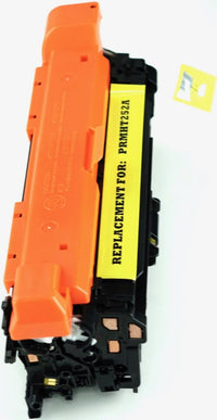 This is the left side view of the Hewlett Packard 504A yellow replacement laserjet toner cartridge by NXT Premium toner
