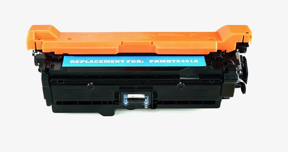 This is the front view of the Hewlett Packard 507A cyan replacement laserjet toner cartridge by NXT Premium toner