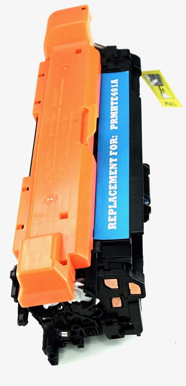 This is the side view of the Hewlett Packard 507A cyan replacement laserjet toner cartridge by NXT Premium toner