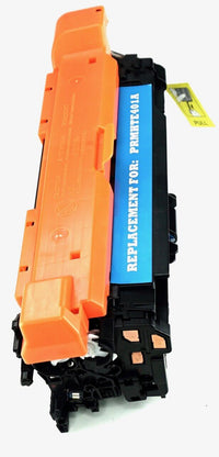 This is the side view of the Hewlett Packard 507A cyan replacement laserjet toner cartridge by NXT Premium toner