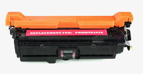 This is the front view of the Hewlett Packard 507A Magenta replacement laserjet toner cartridge by NXT Premium toner