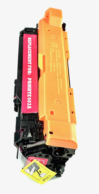 This is the second side view of the Hewlett Packard 507A Magenta replacement laserjet toner cartridge by NXT Premium toner