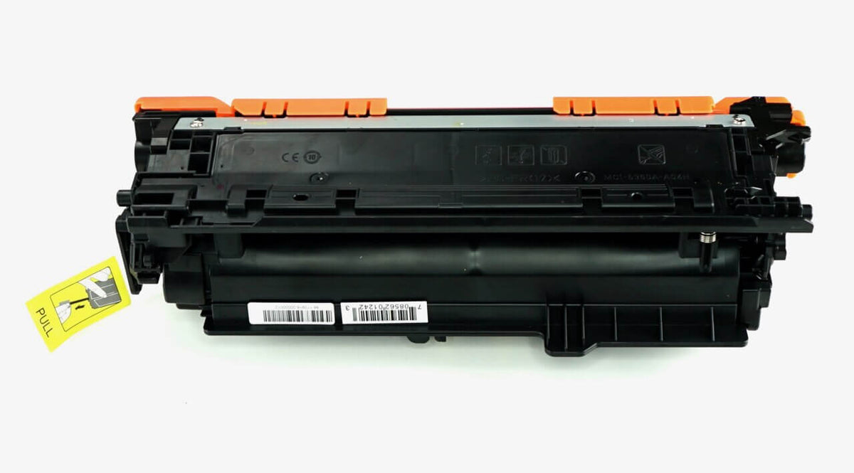 This is the back view of the Hewlett Packard 507A Yellow replacement laserjet toner cartridge by NXT Premium toner
