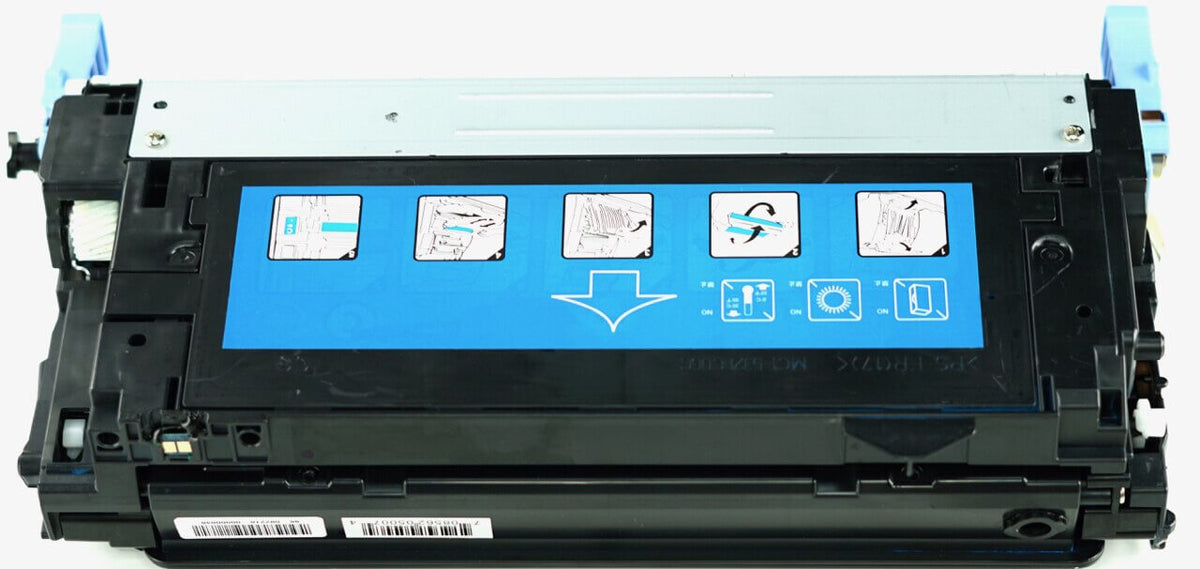 This is the back view of the Hewlett Packard 643A cyan replacement laserjet toner cartridge by NXT Premium toner