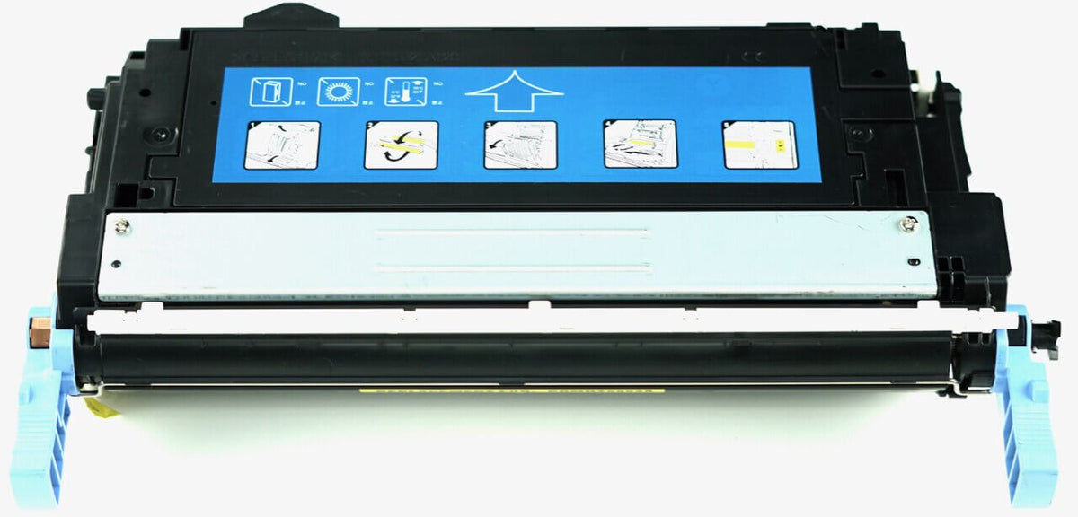 This is the front view of the Hewlett Packard 643A yellow replacement laserjet toner cartridge by NXT Premium toner
