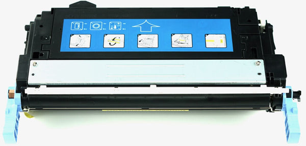 This is the front view of the Hewlett Packard 643A yellow replacement laserjet toner cartridge by NXT Premium toner