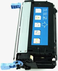 This is the left side view of the Hewlett Packard 643A cyan replacement laserjet toner cartridge by NXT Premium toner