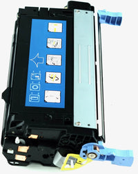 This is the left side view of the Hewlett Packard 643A yellow replacement laserjet toner cartridge by NXT Premium toner